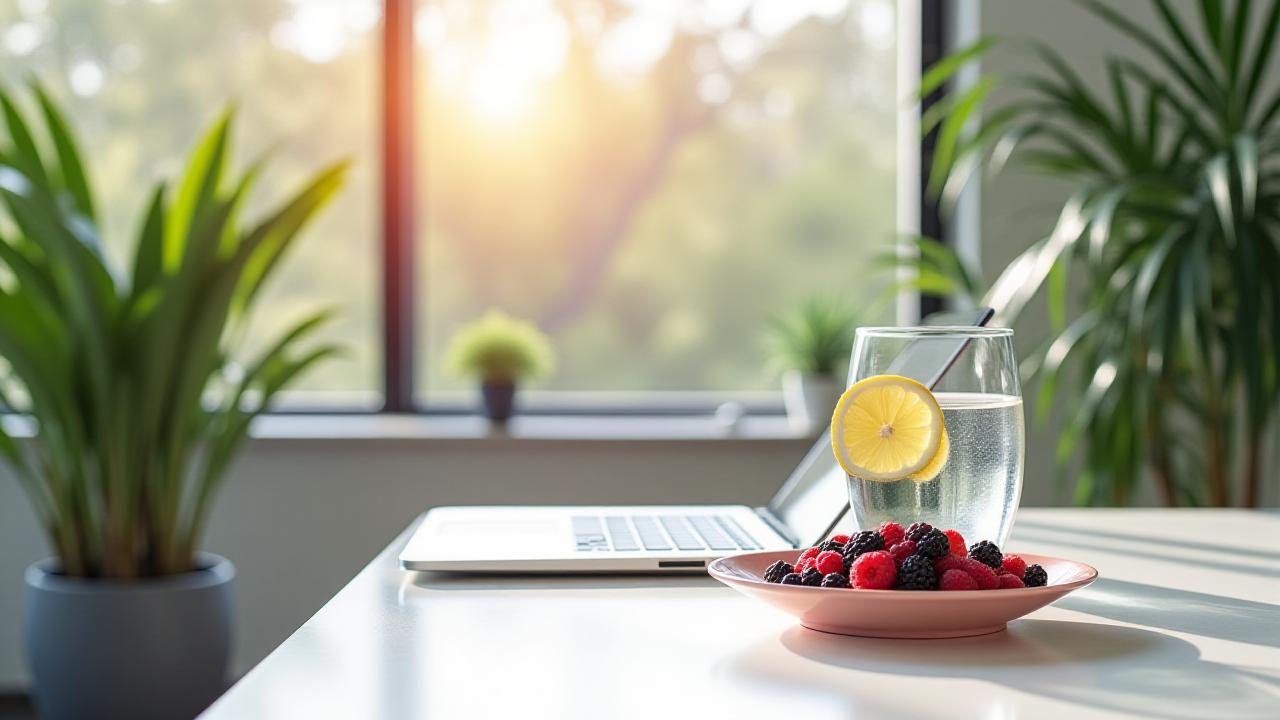 Sophisticated workspace showing a blend of technology and natural wellness elements
